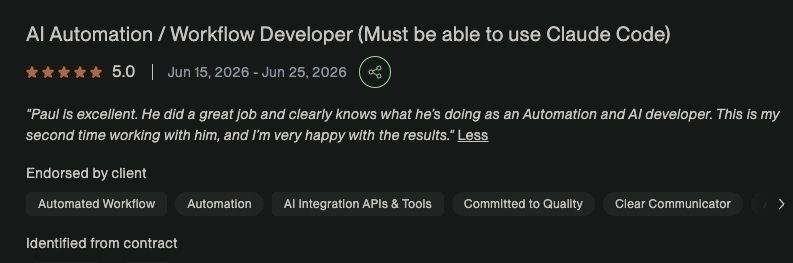 Upwork screenshot showing a 5-star repeat-client review for AI and automation development