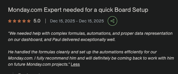 Upwork screenshot showing a 5-star review for monday.com formulas, automation, and dashboard work